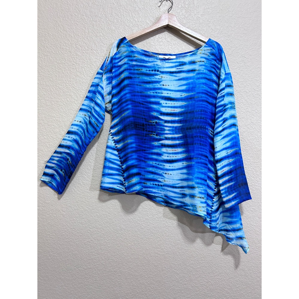 Figue XS Silk Tie Dye Asymmetrical Handkerchief Hem Top Blue Boho Resort